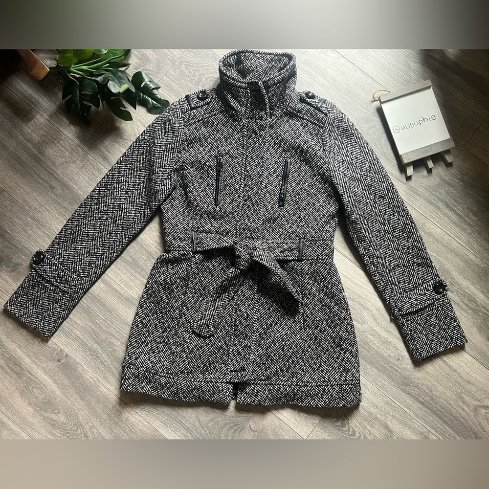 Vintage Forever 21 Herringbone Tweed Winter Coat Tie Waist Pea Coat Preppy Sz S